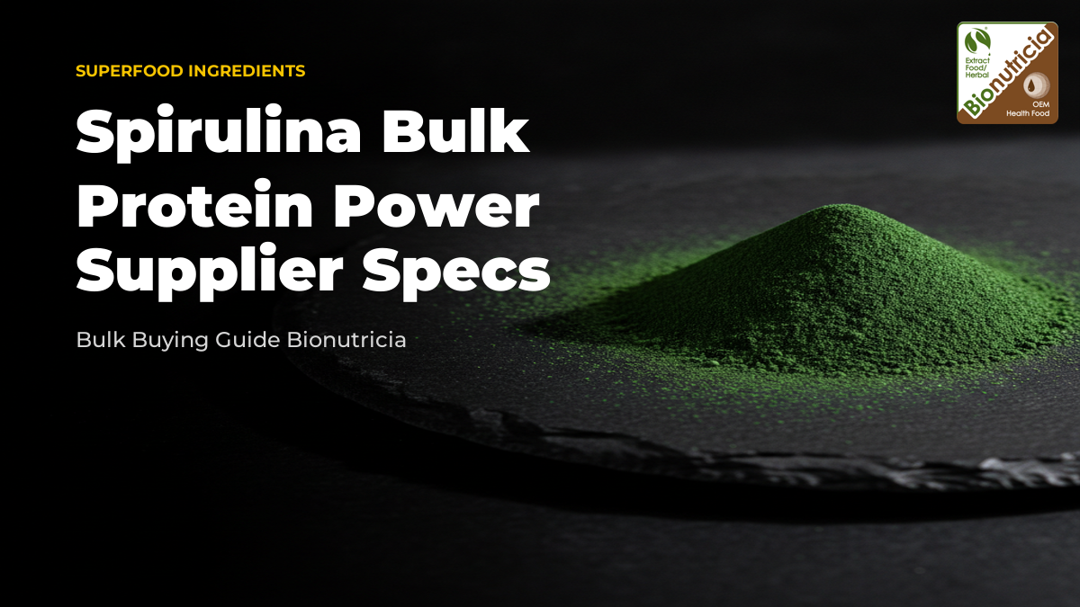 Fine emerald-green spirulina powder on a dark surface, bulk B2B ingredient