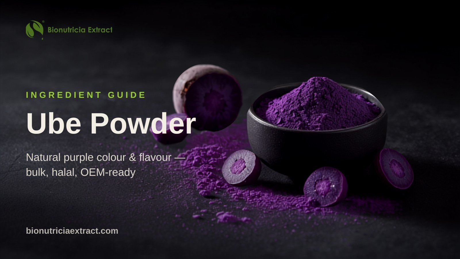 Ube purple yam powder in a dark bowl with halved purple yam tubers on dark stone
