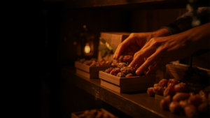 Hands arranging premium dates on a dark retail shelf — Ramadan 2027 planning hook