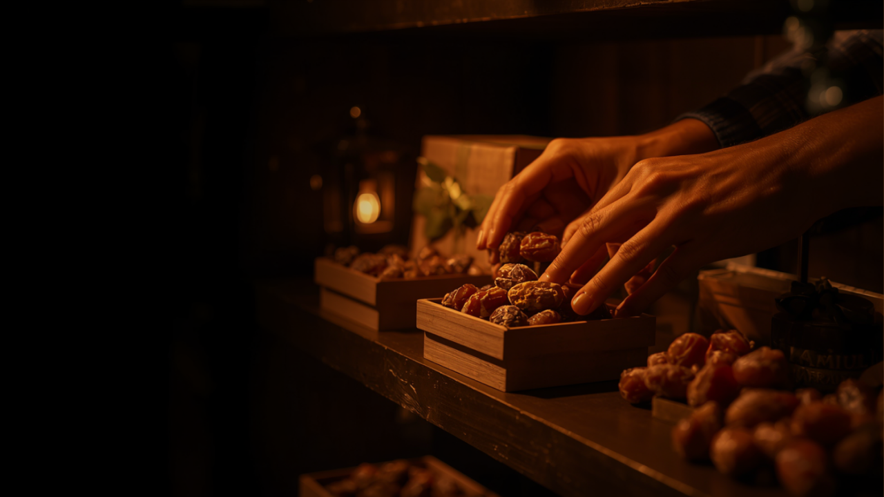 Hands arranging premium dates on a dark retail shelf — Ramadan 2027 planning hook