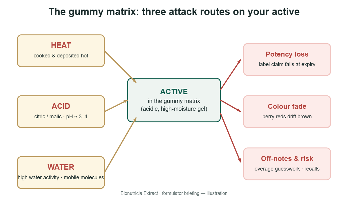 Diagram: the gummy matrix attacks actives through heat, acid and water activity, causing potency loss, colour fade and off-notes