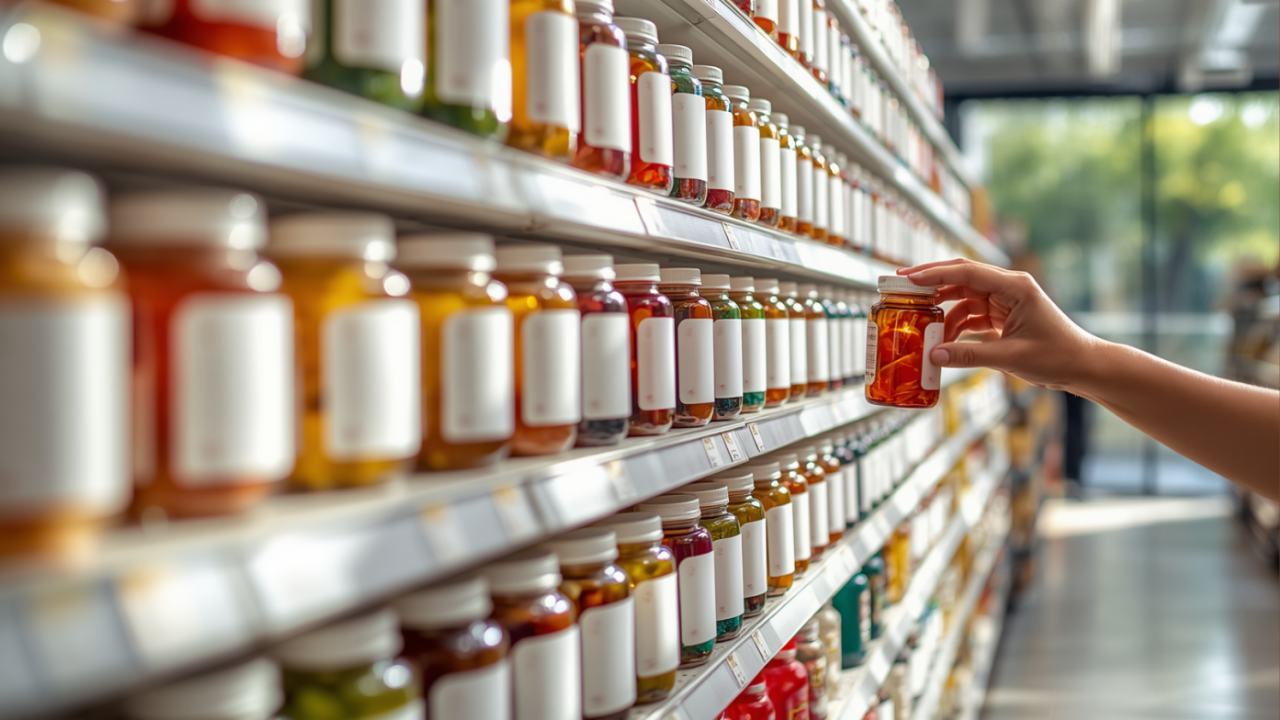 Bright retail aisle of blank-label gummy supplement jars