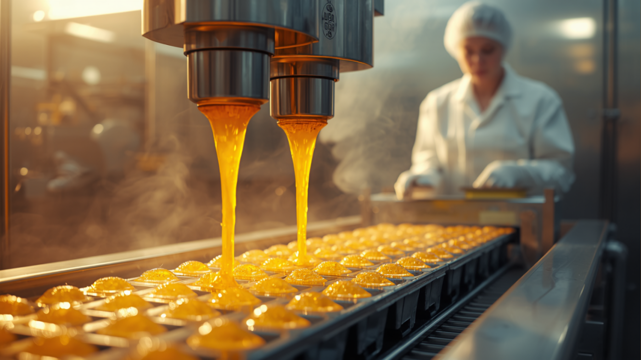 Molten gummy mass deposited into mold trays on a production line