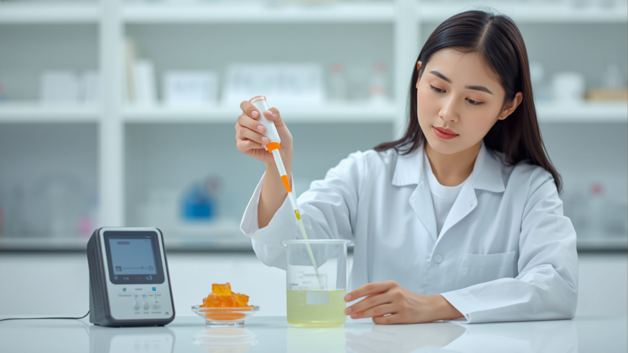 Analyst measuring pH of a citric solution beside gummy samples