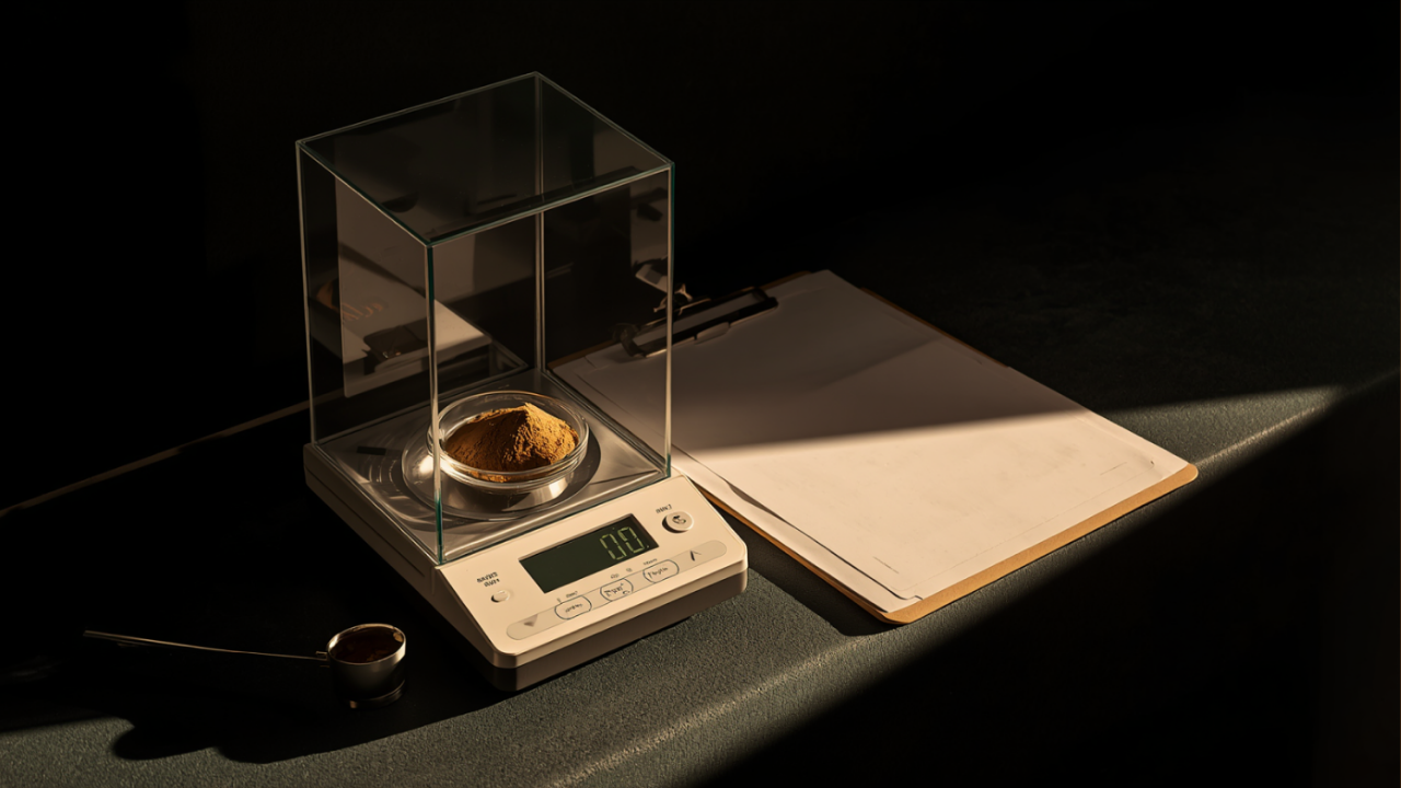 Analytical balance weighing tan-brown botanical extract powder