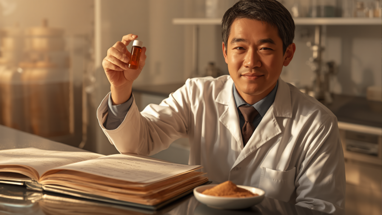 QC analyst with specification binder, amber vial and extract powder