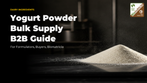 Spray-dried yogurt powder mounded on a dark polished stone surface under dramatic directional lighting