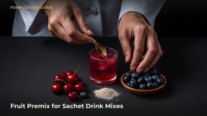 Acerola cherries and blueberry beside a fruit drink mix powder
