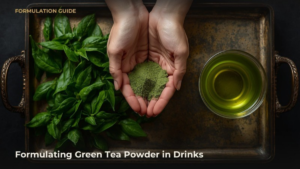 Fresh Camellia sinensis leaves and microground green tea leaf powder