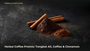 Tongkat Ali (Eurycoma longifolia) extract powder, coffee extract powder and cinnamon powder on dark stone