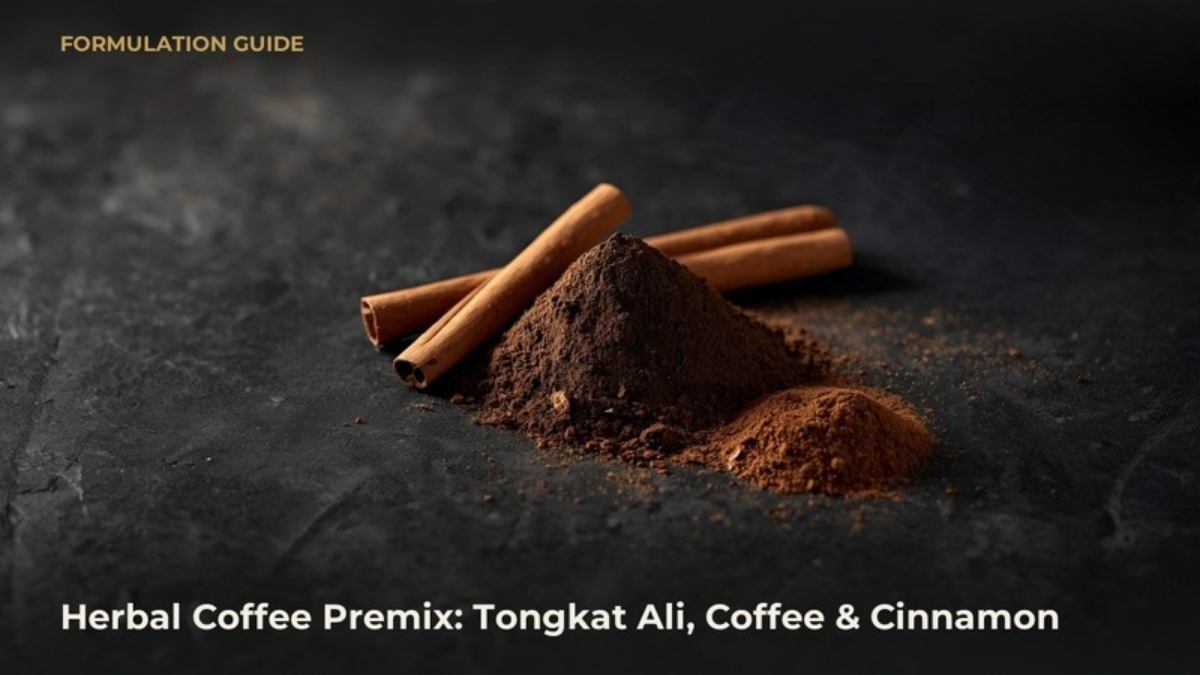 Tongkat Ali (Eurycoma longifolia) extract powder, coffee extract powder and cinnamon powder on dark stone