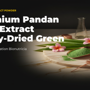 Pandan leaf extract powder — spray-dried green powder on marble with fresh pandan leaves