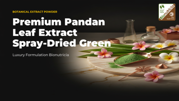 Pandan leaf extract powder — spray-dried green powder on marble with fresh pandan leaves
